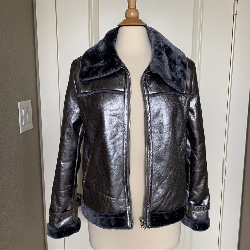 Metallic pleather faux fur jacket